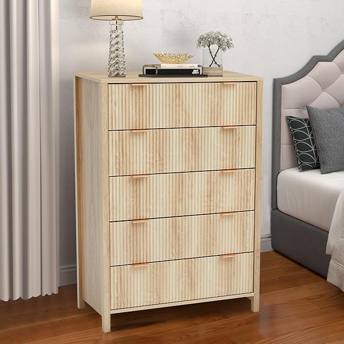 5 Drawer Dressers for Bedroom, Modern Closet Chest of Drawers with Waveform Fluted Panel, Large Wood Storage Dresser Organizer for Nursery Bedroom Living Room Hallway Closet, Natural