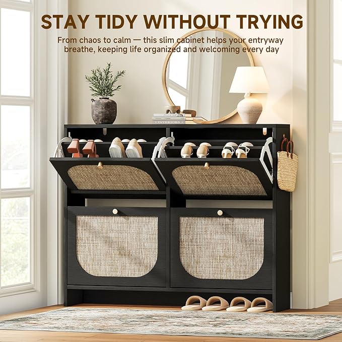 Nicetree Freestanding Arched Rattan Accent Ultra Slim Shoe Cabinet for Entryway - 4 Flip Drawers & 3-Tier Adjustable Shelves, Farmhouse Modern Rustic Shoe Rack for Hallway, Foyer, Living Room