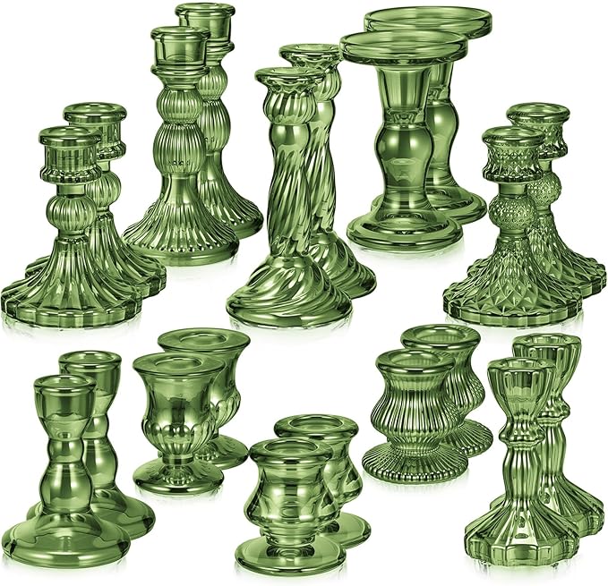 Mumufy 20 Pcs Glass Crystal Taper Candle Holders Clear Glass Candlestick Holder Fit 0.8 Inch Candles Crystal Decorative Candle Stand Centerpiece Table Wedding Dining Party(Green)