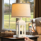 QiMH Table Lamp for Living Room, Farmhouse Lamps with USB A+C and Nightlight, 26" Rustic Bedside Lamps with 3-Way Dimmable Touch Control, Nightstand Lamp for Bedroom, White, 1 Pack