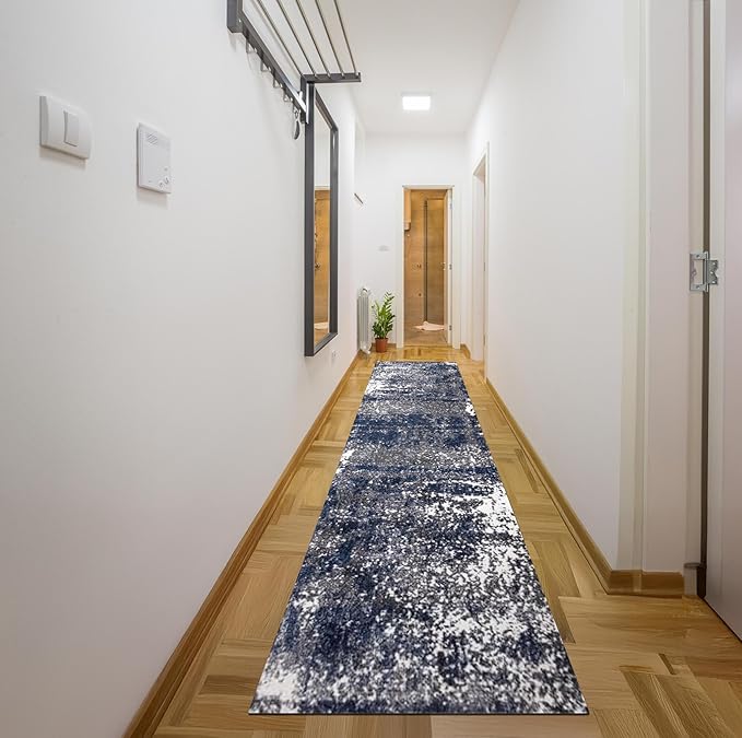 Keen Home Design Area Rugs - 2x20 Non-Shedding, Abstract Rugs for Kitchen, Living Room, Bedroom, Dining Room, Entryway - Size: 2'8" x 20', Navy/Grey/White