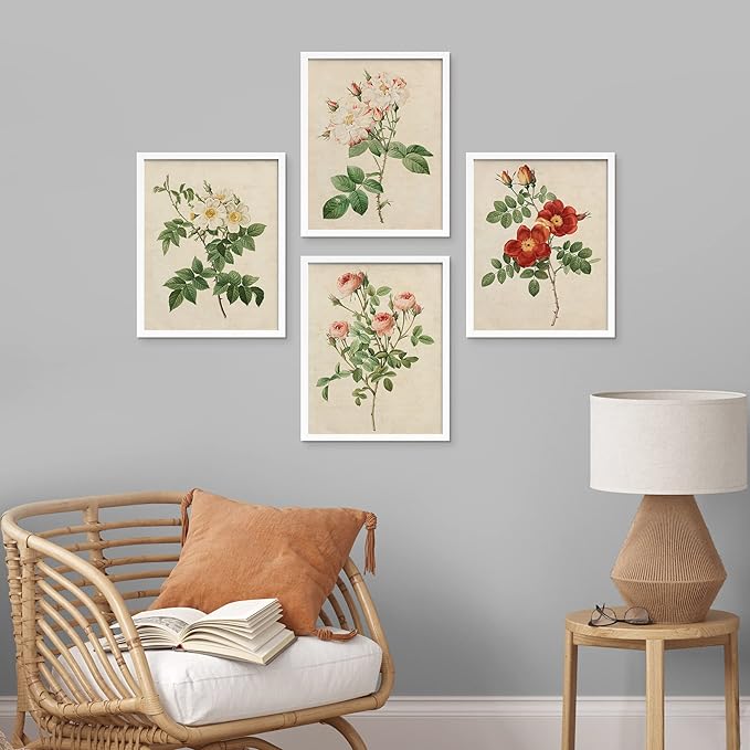 SIGNWIN Framed Vintage Colorful Wildflower Wall Art, Set of 4 Variety Floral Wall Decor Prints, Nature Wilderness Wall Décor for Living Room, Bedroom - 8"x10" White