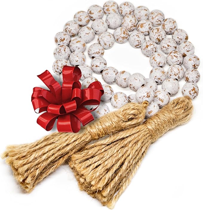 Farmhouse Wood Bead Garland Home Decor, Natural Wooden Garland for Tiered Tray, Decorative Tassel for Tier Tray, Rustic Beads Centerpiece Boho Table Decor, Beaded Accent White Washed