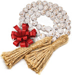 Farmhouse Wood Bead Garland Home Decor, Natural Wooden Garland for Tiered Tray, Decorative Tassel for Tier Tray, Rustic Beads Centerpiece Boho Table Decor, Beaded Accent White Washed