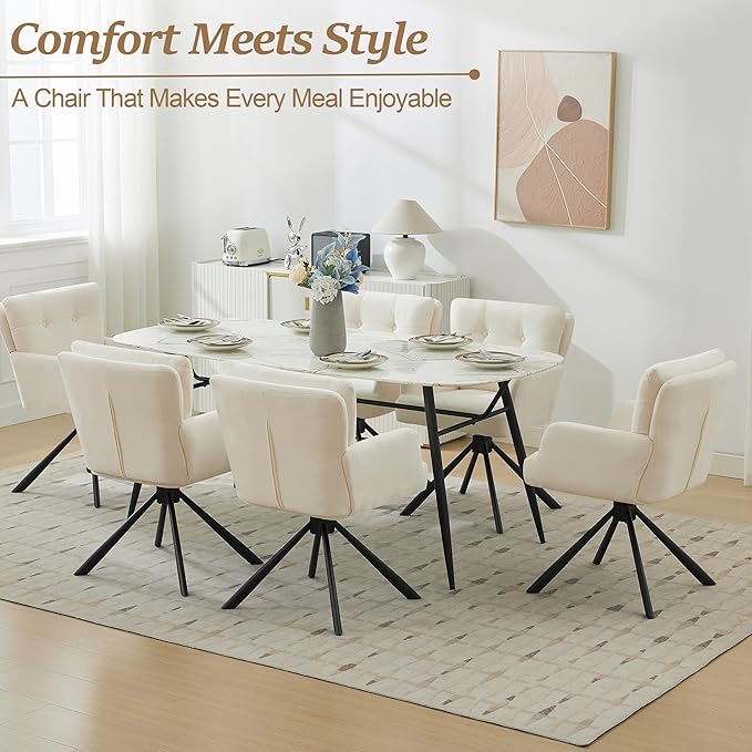 Fabric Dining Chair Modern Upholstered Swivel Dining Room Chairs Comfy Accent Armchair with Mid Back, Desk Arm Chair No Wheels for Kitchen/Living Room/Dining Room, White