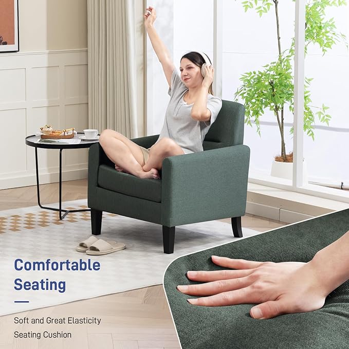 Accent Chair, Mid Century Modern Living Room Chairs Comfy Reading Chair with Upholstered Cushion Relax Armchair for Bedroom Apartment,Office,Green