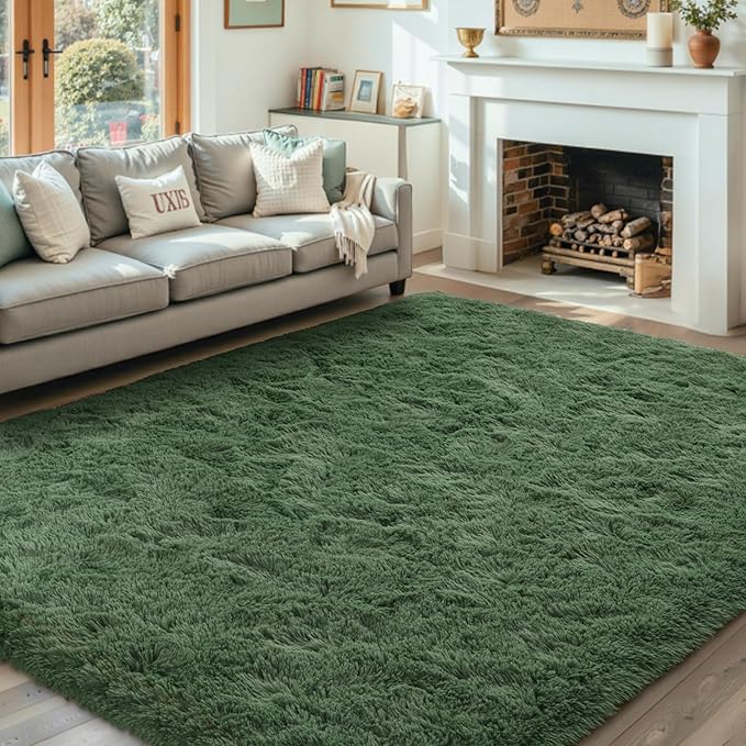 4x6 Ft Shag Green Area Rug for Bedroom Living Room, Ultra Soft Fluffy Furry Rugs for Indoor Floor, Aesthetic Carpet for Kids Home Decor