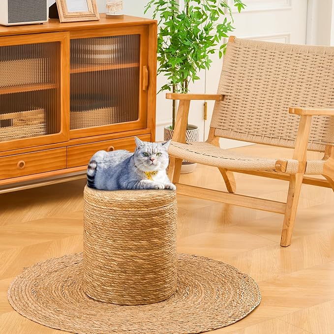 Wimarsbon Storage Pouf Ottoman, Hand Weaving Natural Straw Foot Stool, Bohemian Round Patio Ottomans, Rustic Lounge Pouffe, Outdoor Extra Seat for Garden (14inch Natural Cattail L)