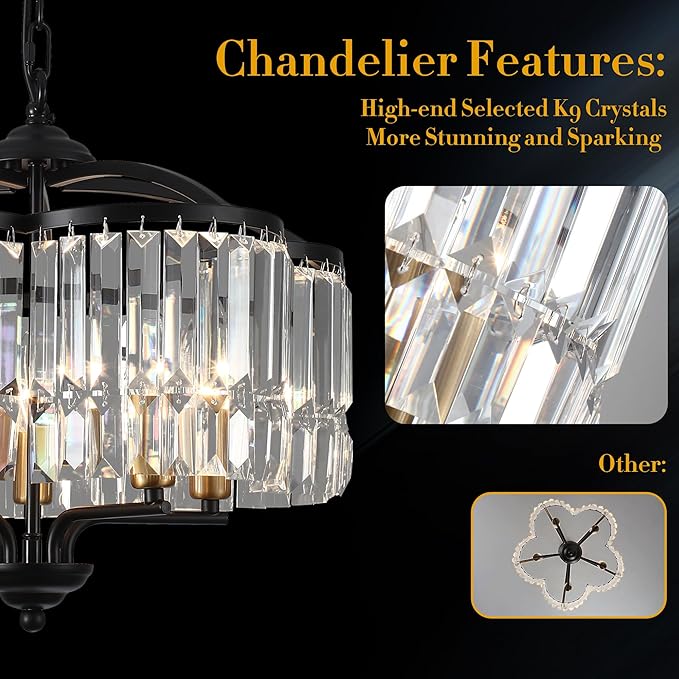 Modern Crystal Chandelier for Dining Room - Adjustable 5 Lights Black Farmhouse Pendant Light Fixture Hanging for Foyer Bedroom Living Room Hallway Kitchen