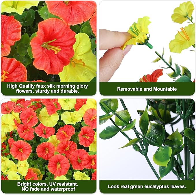 Artificial Mums for Outdoors Fake Fall Flowers Plants for Autumn Decoration, 12 Bundles Silk Morning Glory with Eucalyptus Look Real UV Resistant Faux Mums for Outside Planters Yard Patio Porch, Mix