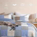 Secgo King Size Comforter Set- 100% Cotton Quilt King Size Set, Bule, Plaid bedspreads (96 * 108 Inch) with 2 Pillow Shams, Patchwork Reversible Lightweight Bedding