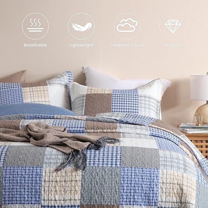 Secgo King Size Comforter Set- 100% Cotton Quilt King Size Set, Bule, Plaid bedspreads (96 * 108 Inch) with 2 Pillow Shams, Patchwork Reversible Lightweight Bedding
