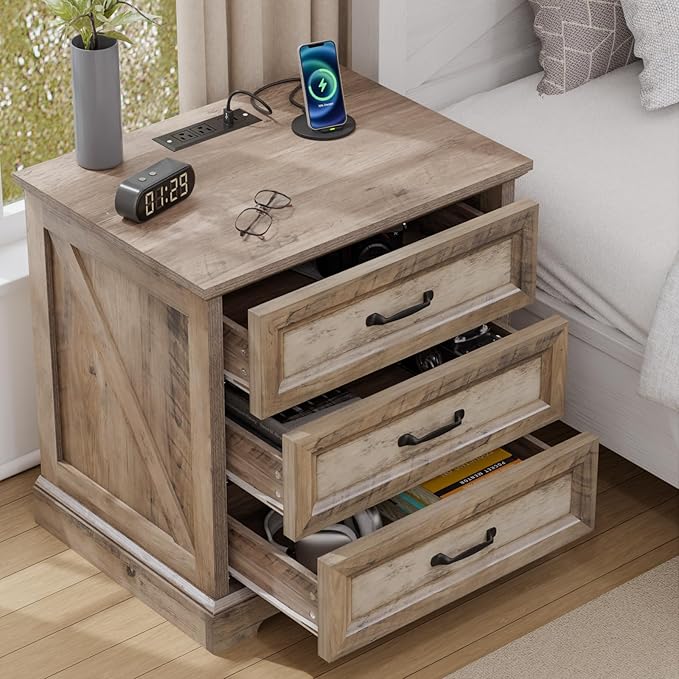 HOMMPA 24'' Farmhouse Nightstand with Charging Station, Bedside Tables with Storage, Side Table with USB Port, 3 Drawers End Table Dresser, Wood Night Stand for Bedroom, Living Room, Greige