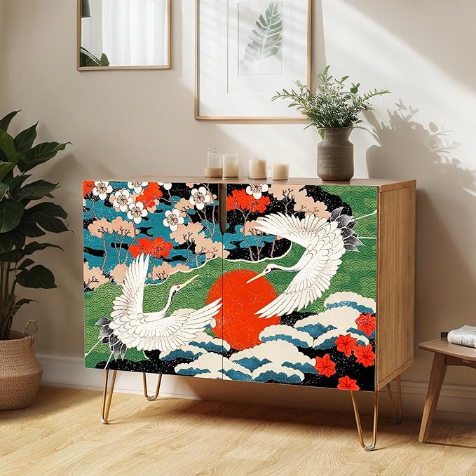 SIGNWIN Sideboard Buffet Cabinet, Kitchen Storage Cabinet with 2 Doors, Chinese Exotic Crane Bird, Cupboard Console Table for Dining Room - 35" L x 18" W x 29" H