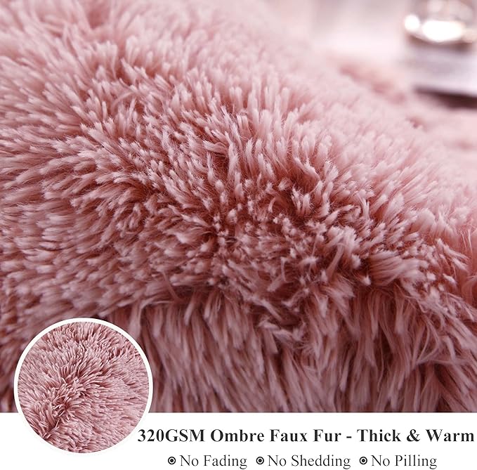 XeGe Plush Faux Fur Throw, Comfy 50x60 Fuzzy Blanket, Luxury Boho Lightweight Couch Blanket, Soft Fluffy Shaggy Lap Throw for Couch Bed Sofa Christmas Housewarming Gift Ombre Pink