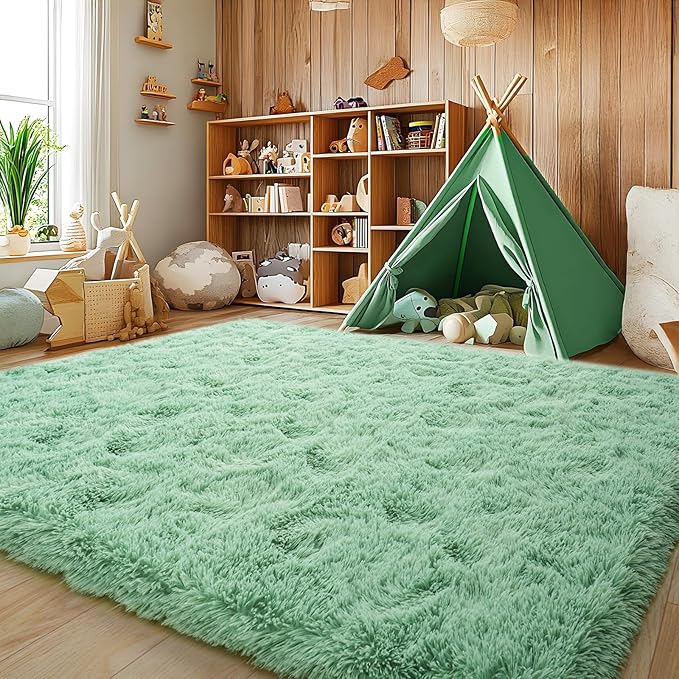 6x9 Fluffy Fuzzy Area Rug for Living Room Bedroom, Ultra Soft Large Living Room Rugs, Non Slip Thick Shag Rug for Dorm, Kids Girls Boys Rug for Home Decor Aesthetic, Sage Green