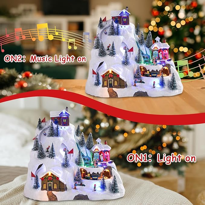 VCUTEKA Christmas Village Collectible Building, Snowy Mountain with Ski Slopes and Revolving Train Lighted Musical Village Addition to Your Christmas Indoor Decor