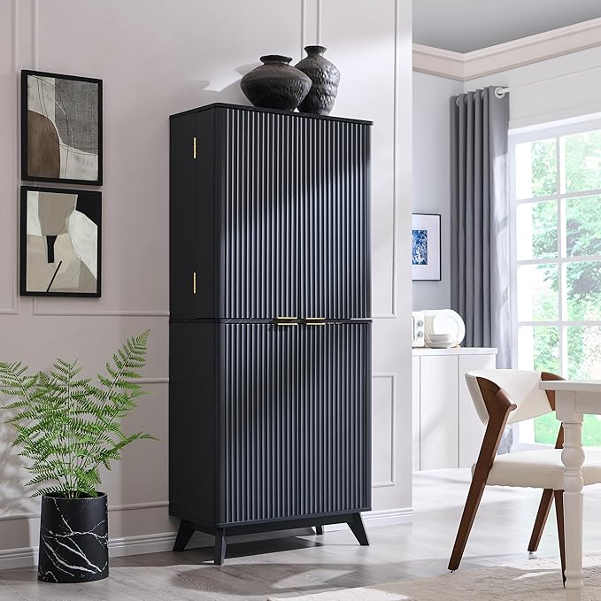 OKD Fluted Kitchen Pantry, 72" Tall Mid Century Modern Storage Cabinet with Adjustable Shelves & Door Organizer, Wood Cabinet for Kitchen, Living Room, Dark Grey