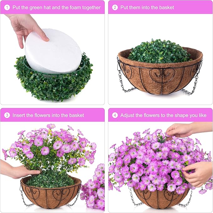 Artificial Faux Hanging Plants Flowers Basket for Outdoor Outside Spring Summer Decoration, Silk Purple Morning Glory in Planter UV Resistant Look Real Fake Flowers for Porch Patio Balcony Home Yard