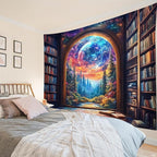 LB Fantasy Bookshelf Moon Tapestry, Trippy Tree and Vintage Library in Forest Wall Tapestry for Bedroom, Galaxy Cool Wall Art for Living Room Dorm Classroom Home Decor Ready to Hanging, 92.5 x 70.9 Inches
