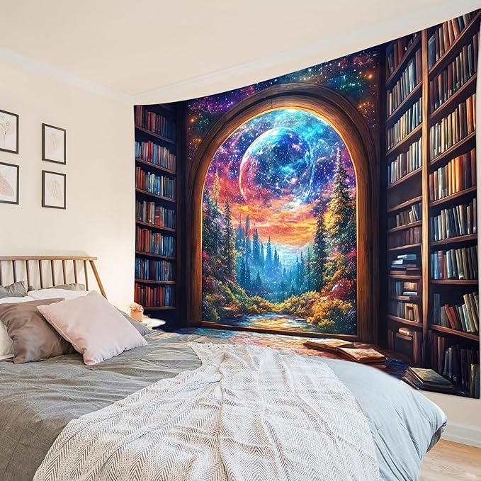 LB Fantasy Bookshelf Moon Tapestry, Trippy Tree and Vintage Library in Forest Wall Tapestry for Bedroom, Galaxy Cool Wall Art for Living Room Dorm Classroom Home Decor Ready to Hanging, 92.5 x 70.9 Inches