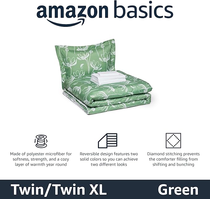 Amazon Basics Lightweight Microfiber Comforter Sets, 5 Pieces, Green, Floral, Twin/Twin XL