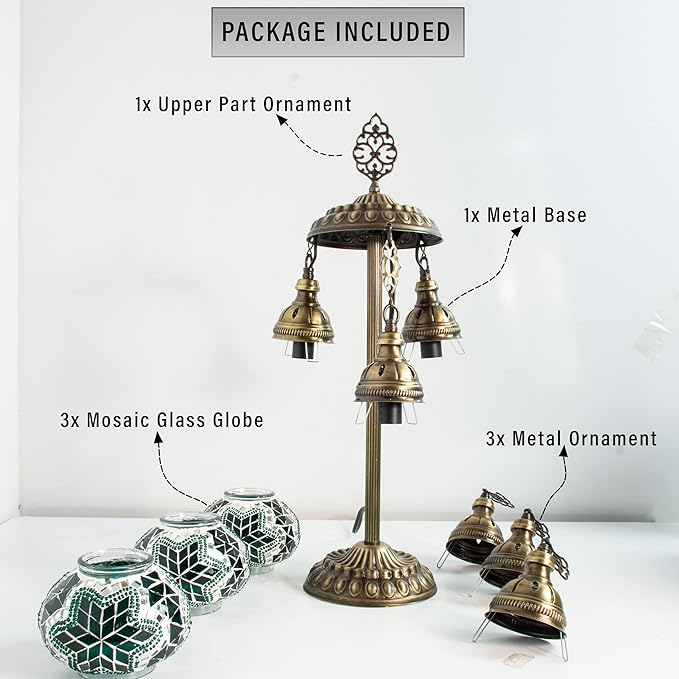 Mozaist Turkish Mosaic Lamp – 3 Globe Tiffany Table Light with Bulb (Turquoise Green)