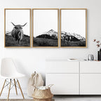 SIGNWIN 3 Piece Framed Canvas Wall Art Highland Cattle in Front of Snowy Mountain Duotone Black and White Canvas Prints Home Decoration for Living Room,Bedroom - 16"x24"x3 Natural