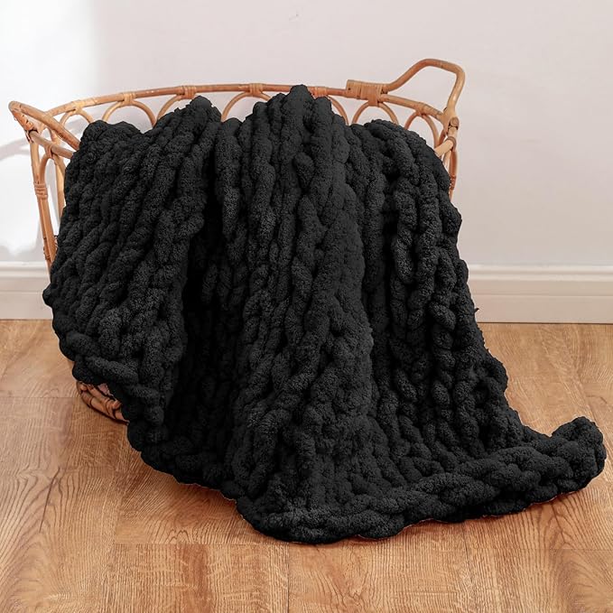 WESHIONGOO Chunky Knit Blanket Throw 40"*40" Knitted Throw Blankets for Couch Bed Fluffy Soft Blanket with Jumbo Chenille Yarn Thick 100% Handmade(Black)