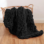 WESHIONGOO Chunky Knit Blanket Throw 40"*40" Knitted Throw Blankets for Couch Bed Fluffy Soft Blanket with Jumbo Chenille Yarn Thick 100% Handmade(Black)