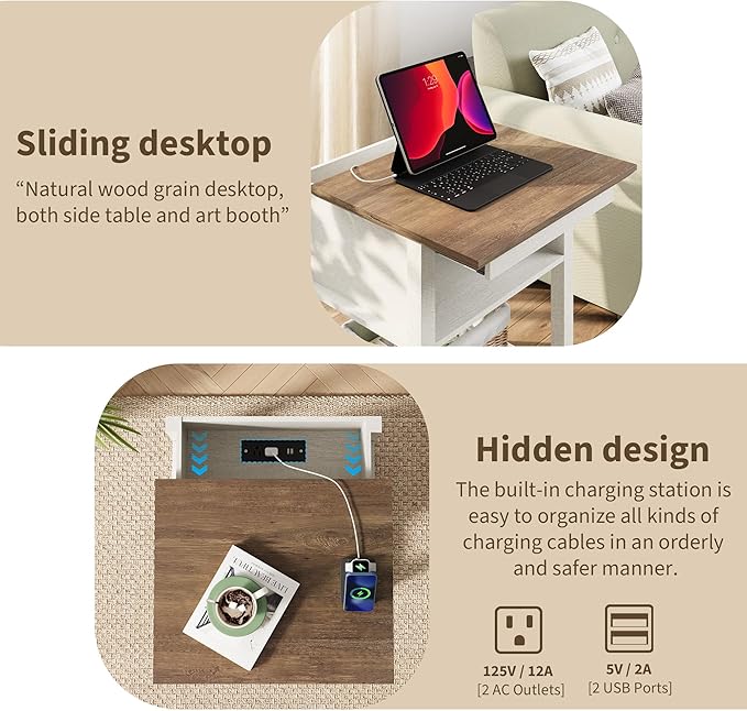 Rresyet Sliding Side Table Set of 2 with Charging Station & 2-Tier Storage,Farmhouse End Table, Wooden Nightstand for Bedroom & Living Room,White