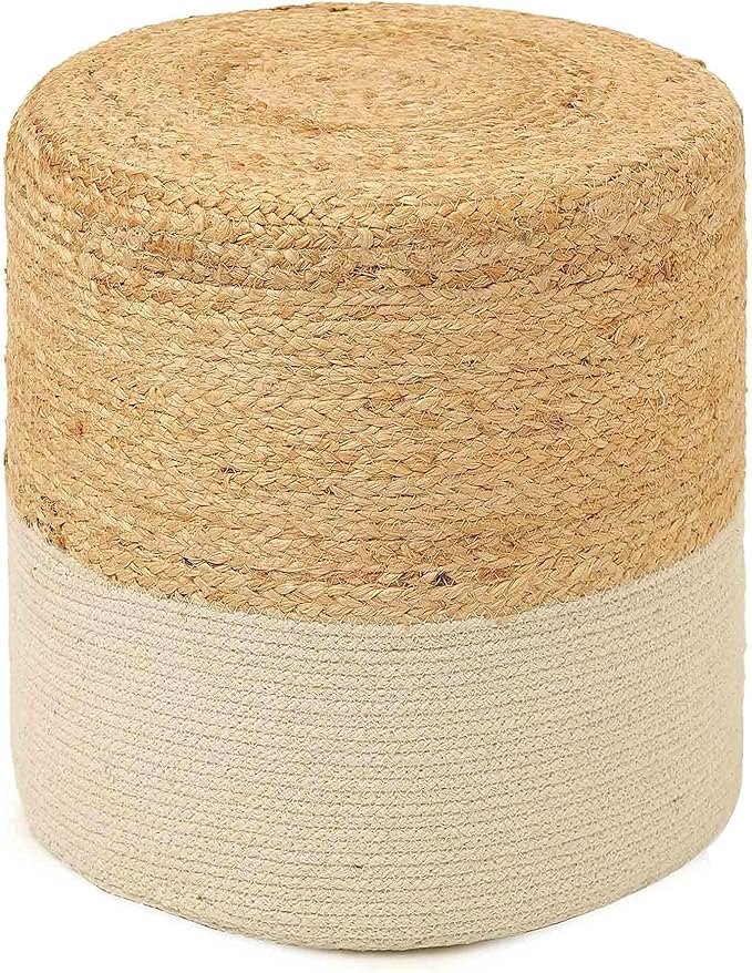 REDEARTH · Cylindrical Pouf Foot Stool Ottoman - Jute Braided Accent Sitting Footrest for The Living Room, Bedroom, Nursery, Patio, Lounge & Other Rooms in The Home (14.5”x14.5”x16”; Natural Ivory)