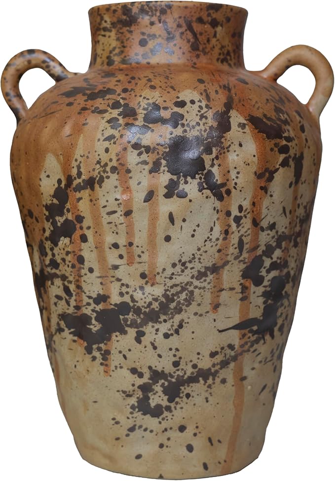 Rustic Pottery Ceramic Vase - Vintage Farmhouse Style Decor, White Grid Ceramic Vases for Home Decor, Modern Farmhouse Decor (Gray black)