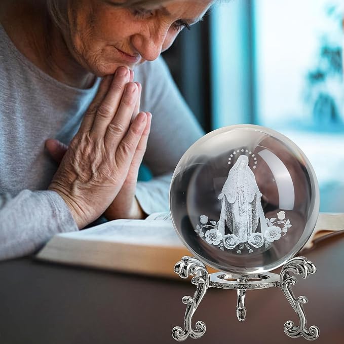 3D The Blessed Virgin Mary Crystal Ball Laser Etched Our Lady of Guadalupe Glass Sphere Statue Mother Mary Christian Catholic Religious Easter Gifts