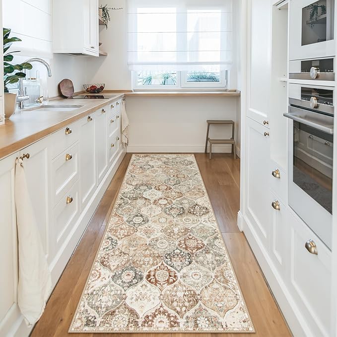 Lahome Moroccan Trellis Hallway Runner Rug, 2x6 Kitchen Runner Rugs Non Skid Washable, Vintage Laundry Room Rug Ultra-Thin Long Carpet for Bathroom Bedroom Entryway, Khaki