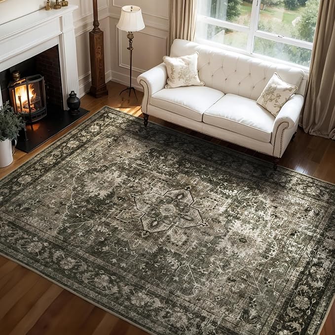 Olive Green Washable 8x10 Area Rugs for Living Room Rug Bedroom Rug-Carpet Neutral Vintage Dining Room Rugs for Under Table Soft Comfortable Non Slip