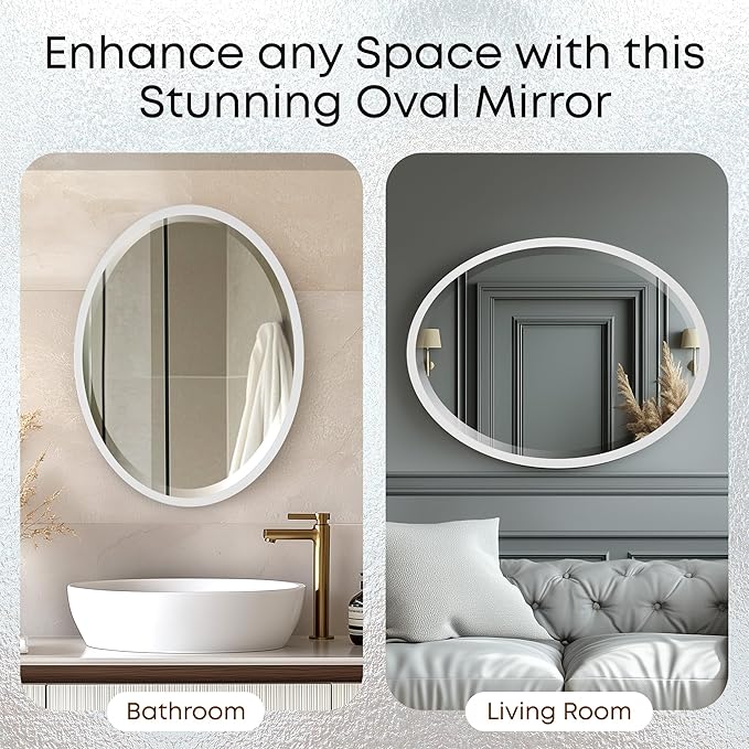 OVALCREST - Oval Wooden Beveled Wall Mirror for Home Decor, Bathroom, Vanity, Bedroom, Living Room, Hallway - London Style (Linen White) 25.1 x 31.1