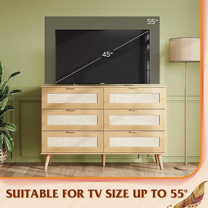 WLIVE Rattan Dresser for Bedroom, 6 Drawer 47.24'' Wide Boho Wood Dresser, Chest of Drawers, Gold Metal Handle, TV Stand for 55 inch TV, Storage Cabinet for Living Room, Hallway, Light Oak