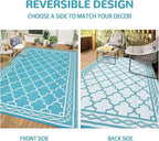 GAOMON Reversible Outdoor Rug 9'x18' Waterproof Plastic Straw Rug, Patio Rug, Large Modern Area Rug Carpet, Indoor Outdoor Rugs for Camping, Porch, Deck, Balcony, Backyard, Teal/White(Geometric)