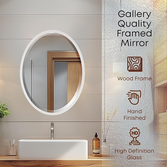 OVALCREST - Oval Wooden Beveled Wall Mirror for Home Decor, Bathroom, Vanity, Bedroom, Living Room, Hallway - London Style (Linen White) 31.1 x 41.1