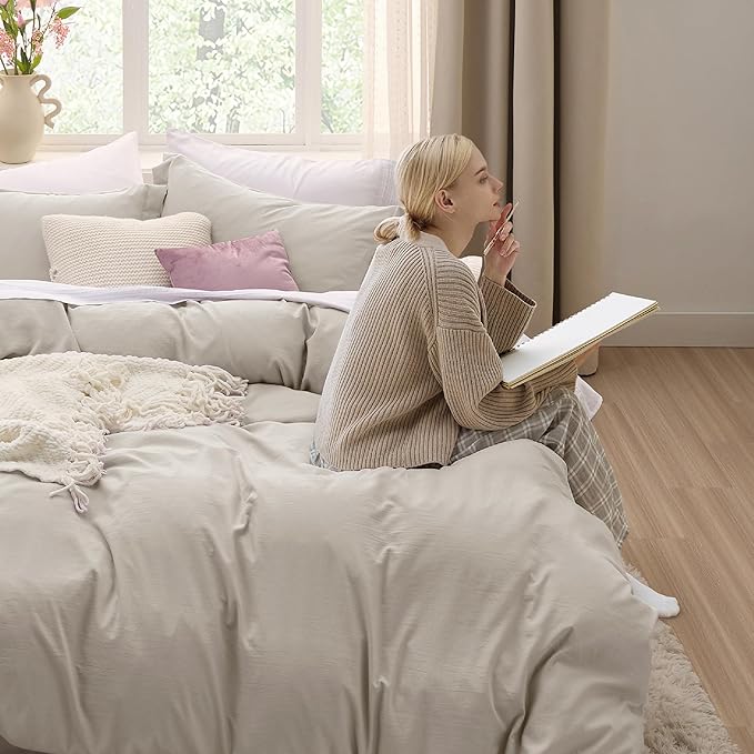 Bedsure Oversized King Duvet Cover - 3 Pieces Prewashed Cotton-Like Extra Soft Bedding Set, Includes 1 Duvet Cover 120x98 Inches with Zipper Closure & 2 Pillow Shams, Linen, Comforter Not Included