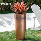 28in Tall Antique Copper Metal Vintage Planter Set of 2,Galvanized Steel Planter Pots for porches/Indoor/Outdoor/terraces Patio- Copper Color(2planters,2inner pots with Holes, 2trays)