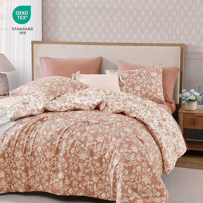 Full Comforter Set -7 Pieces Clay Pink Floral Comforter Set for All Seasons, Bed in a Bag Full with Botanical Flowers Comforter, Sheets, Pillowcases & Shams