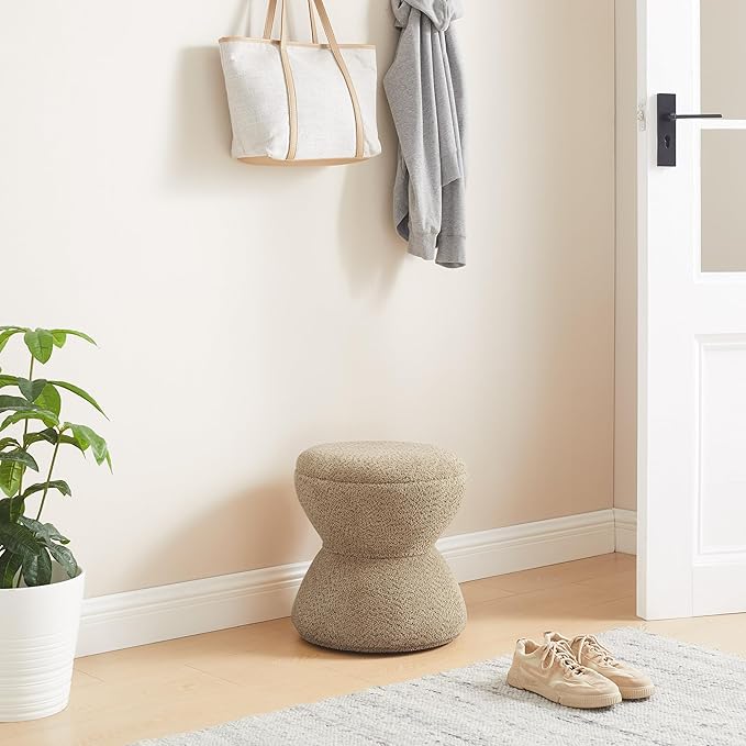 VANOMi Multi-Functional Boucle Ottoman, Vanity Stool Chair, Sturdy Rotating Wooden Footstool, Suitable for Living Room, Bedroom, and Entryway, Without Installation, Swivel, Camel