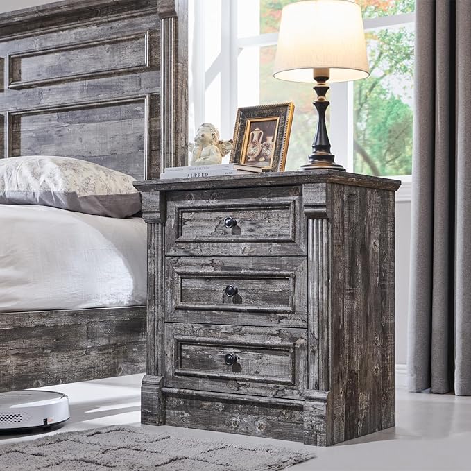 26" Tall Nightstand with Charging Station, Farmhouse 23.6" Wide Large End Table w/Roman Column, Wood Rustic Side Table w/Metal Handle, 3 Drawers Dresser for Bedroom, Living Room, Light Grey