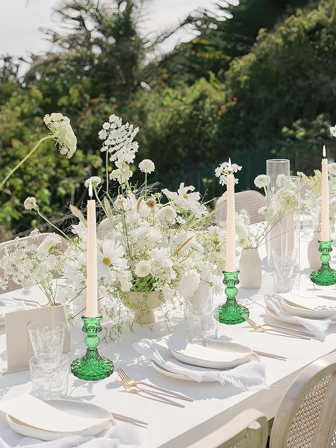 Glass Candlestick Holder,Striped Taper Candle Holders,Set of 6 Candle Stand for Table Centerpieces, Home Decor,Weddings,Festival and Parties (Green Dimond Pattern)