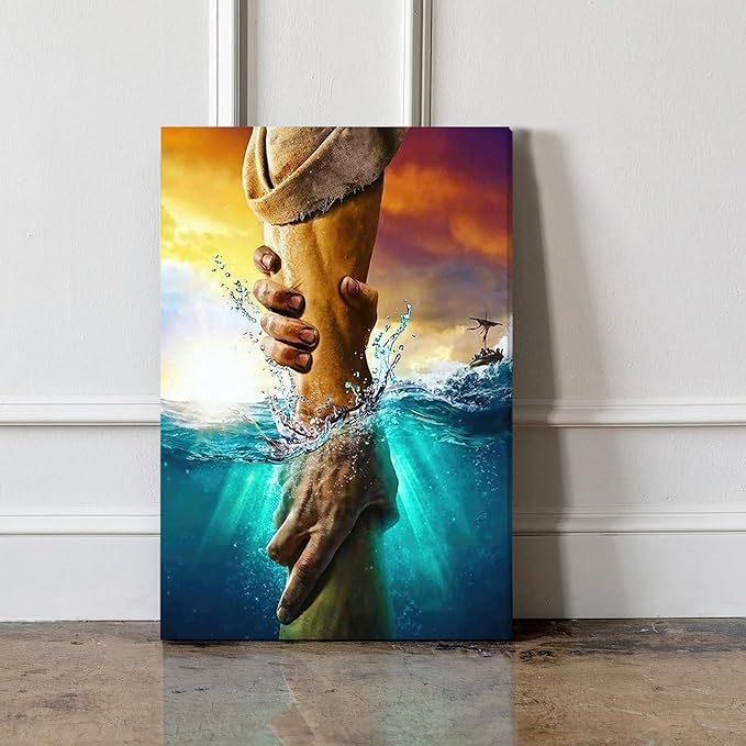 Framed Jesus Christ Canvas Wall Art The Hand of God Jesus Reaching Into Water Christian Painting Prints Biblical Wall Decor Religious Room Decor for Church Prayer Room Schools Hospitals 16" x 24"