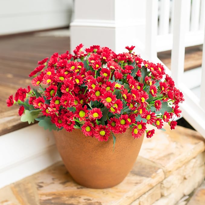 Daisy Artificial Flowers for Outdoors Fall Autumn Decoration, 6 Bundles Fake Mums Red Silk Flowers for Outside Look Real UV Resistant Fake Plants Faux Flowers for Planter Front Door Home Indoor Porch