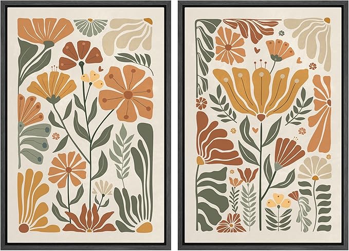 SIGNFORD Framed Canvas Print Wall Art Set Vintage Flower in Pastel Illustration Modern Art Decorative Nordic Nature for Living Room, Bedroom, Office - 24"x36"x2 Black