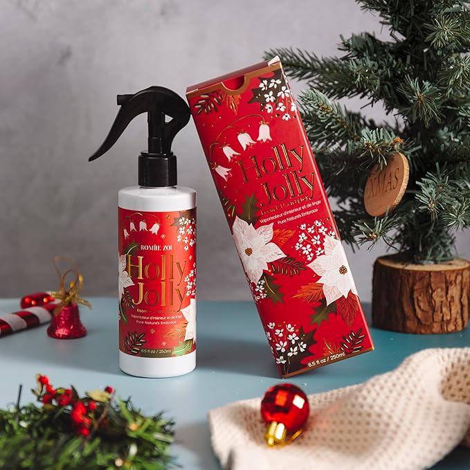 Romiie Zoi Christmas Linen & Room Air Freshener Spray Room Mist- Holly Jolly - Infused with Citrus & Pine Aroma- 250ml / 8.5 FL OZ.